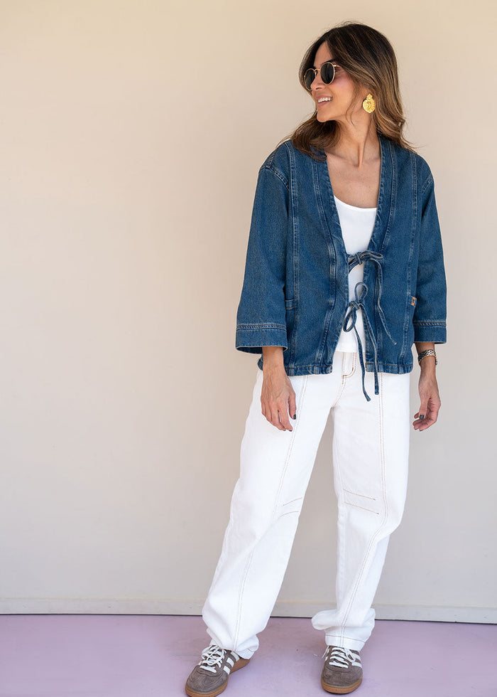 Indigo denim jacket with tie-front neckline, functional pockets, and 3/4 sleeves, view 5