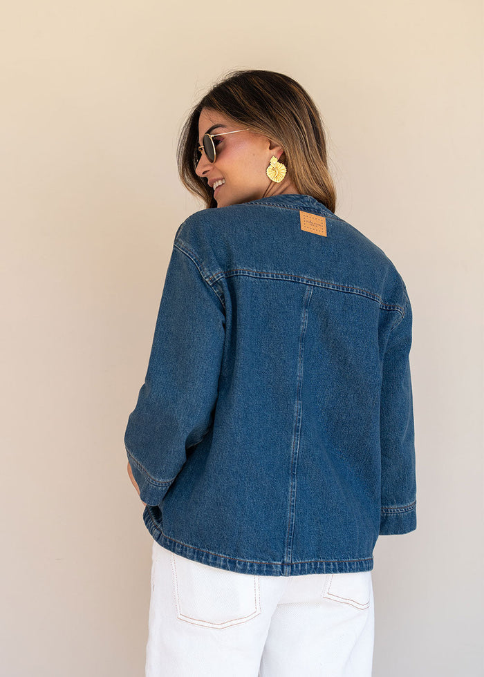 Indigo denim jacket with tie-front neckline, functional pockets, and 3/4 sleeves, view 6