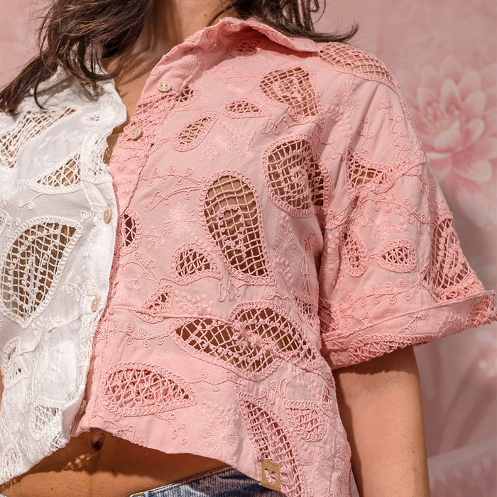 two-tone embroidered cotton poplin short-sleeve shirt band collar view 3