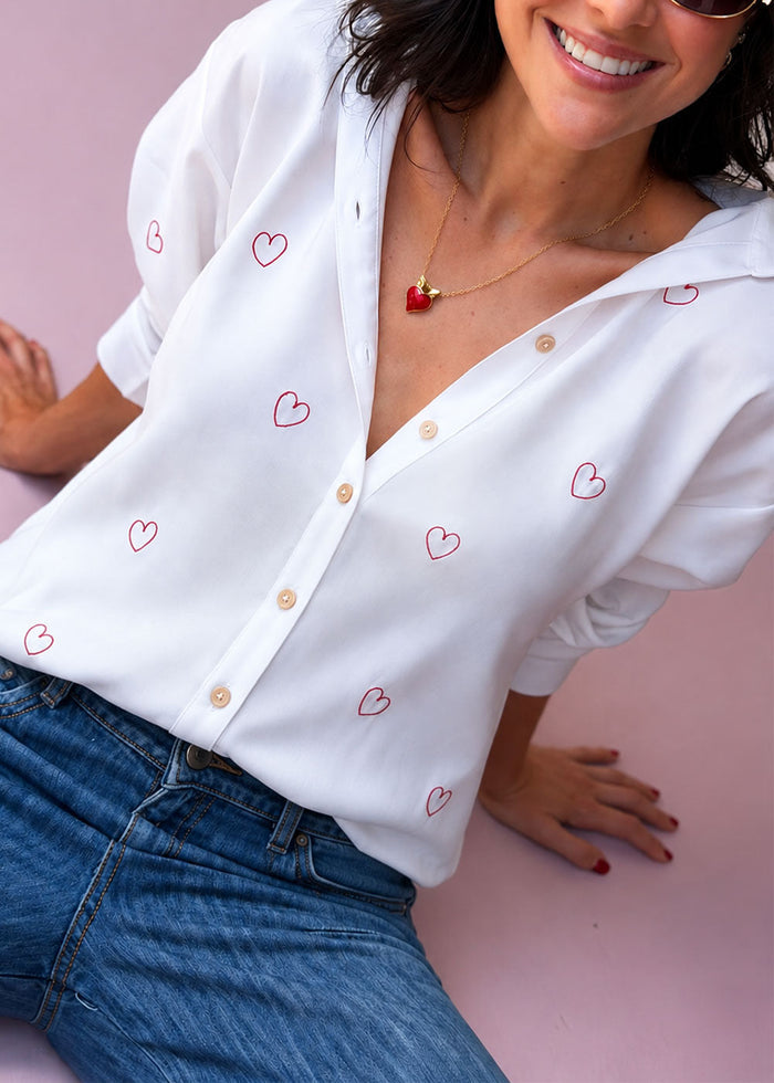 Ivory viscose challis shirt with red heart embroidery, band collar, and buttoned cuffs, view 2
