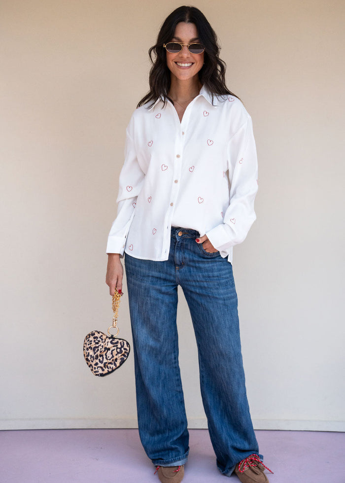 Ivory viscose challis shirt with red heart embroidery, band collar, and buttoned cuffs, view 3