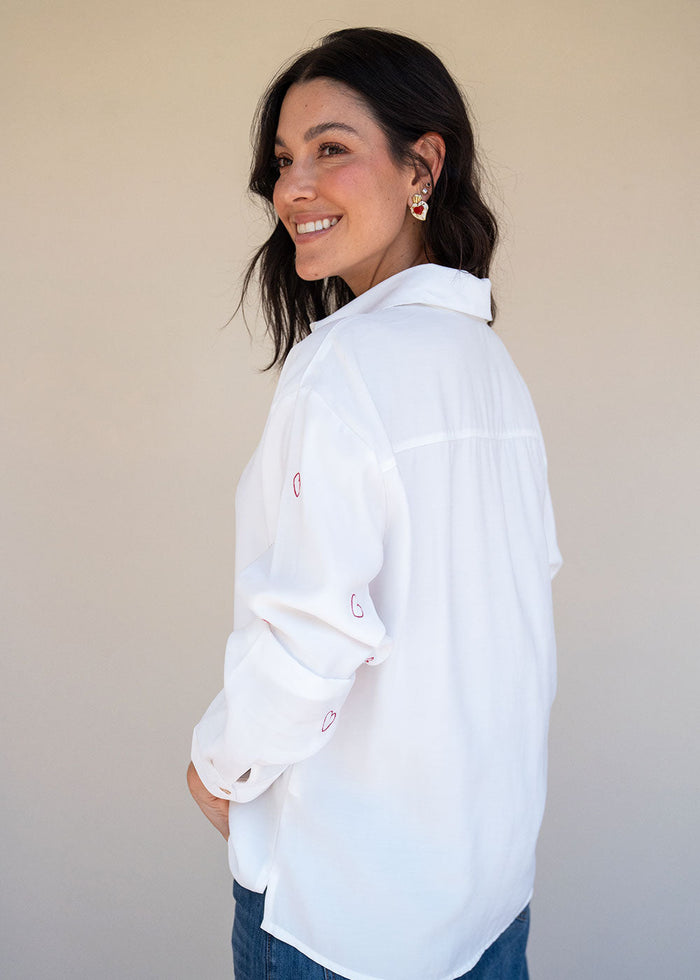 Ivory viscose challis shirt with red heart embroidery, band collar, and buttoned cuffs, view 5