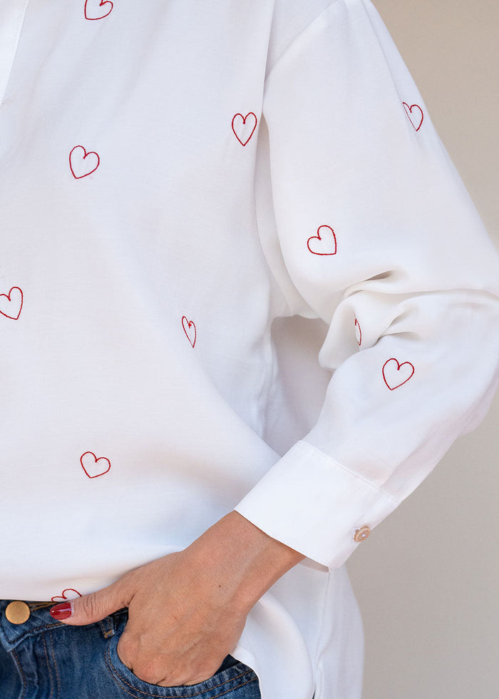 Ivory viscose challis shirt with red heart embroidery, band collar, and buttoned cuffs, view 8